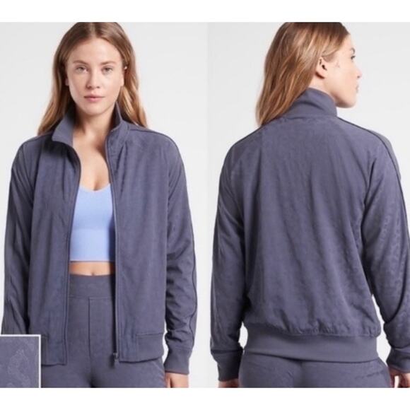 Athleta Slate Blue Leopard Print Zip Up Windbreaker Bomber Jacket - Picture 1 of 8